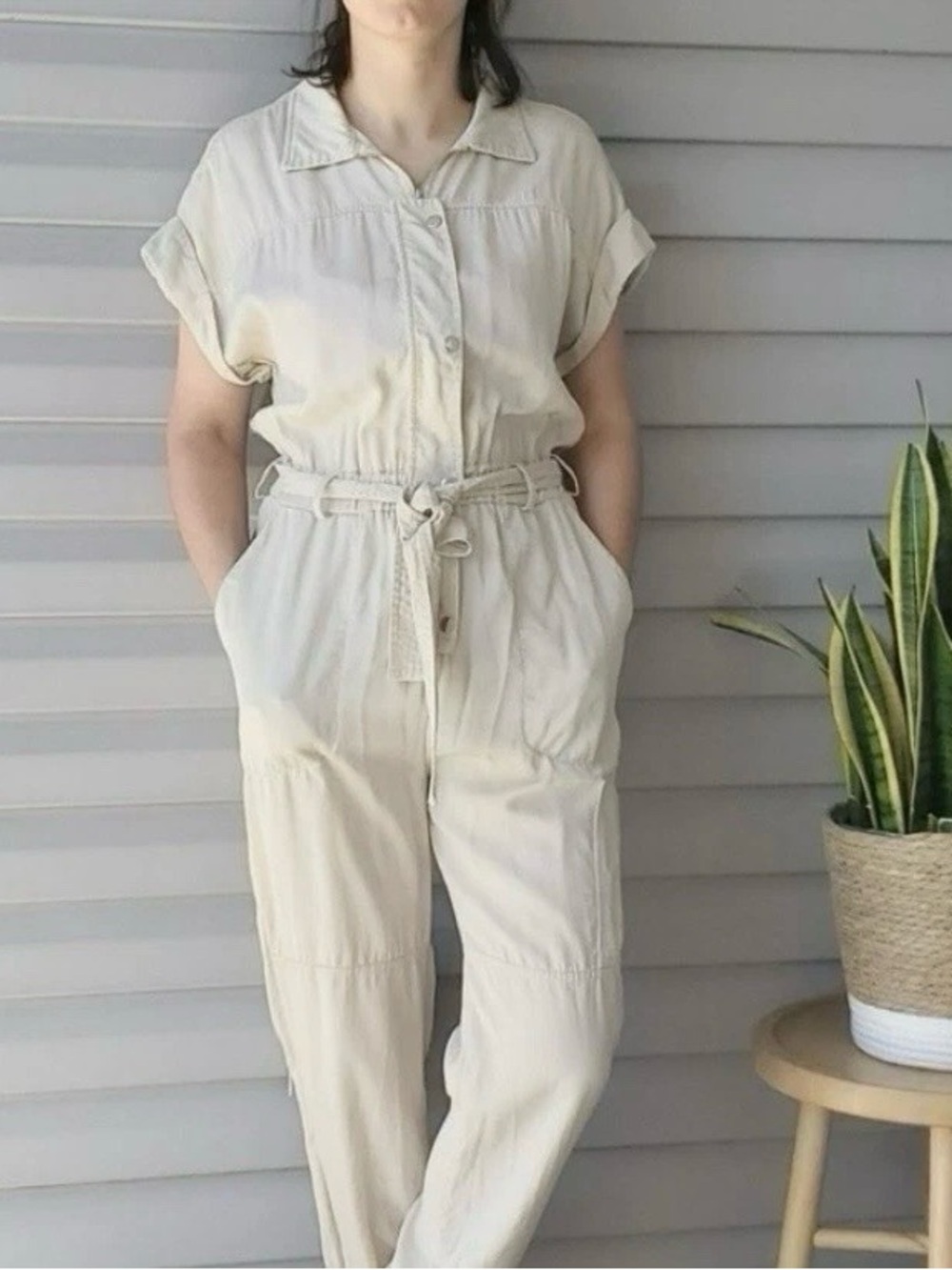 Black Label by C’est Toi Jumpsuit Women’s L Cream Tencel Boiler Suit Jogger